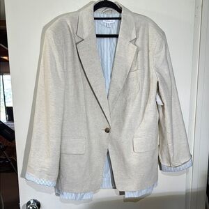 Topshop Beige Cotton Linen Blazer with Striped Lining Raw Hems Oversized Size 8